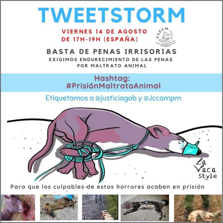 🐦⚡TODOS A TWITTER, HOY VIERNES 14 A LAS 17:00 🐦⚡

😡 BASTA DE IMPUNIDAD: Exigimos el endurecimiento de las penas por maltrato animal.

⚖️ Etiquetaremos al Ministro de justicia (<a href="/Jccampm/">Juan Carlos Campo</a>) y al Ministerio de Justicia (<a href="/justiciagob/">Ministerio de la Presidencia, Justicia y R. Cortes</a>)

#️⃣HASHTAG: *VER CARTEL*

🗣🗯 DIFUNDE!!!