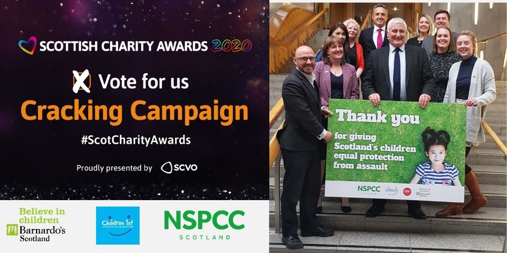 BarnardosScot's tweet image. It's very rewarding to have our campaign for #SPEqualProtection   acknowledged, we're delighted the coalition with @children1st &amp;amp; @NSPCC_Scotland has been shortlisted for the Cracking Campaign Award in #ScotCharityAwards 🎉  
Read about it here 
👉 bit.ly/2Cuq1ow