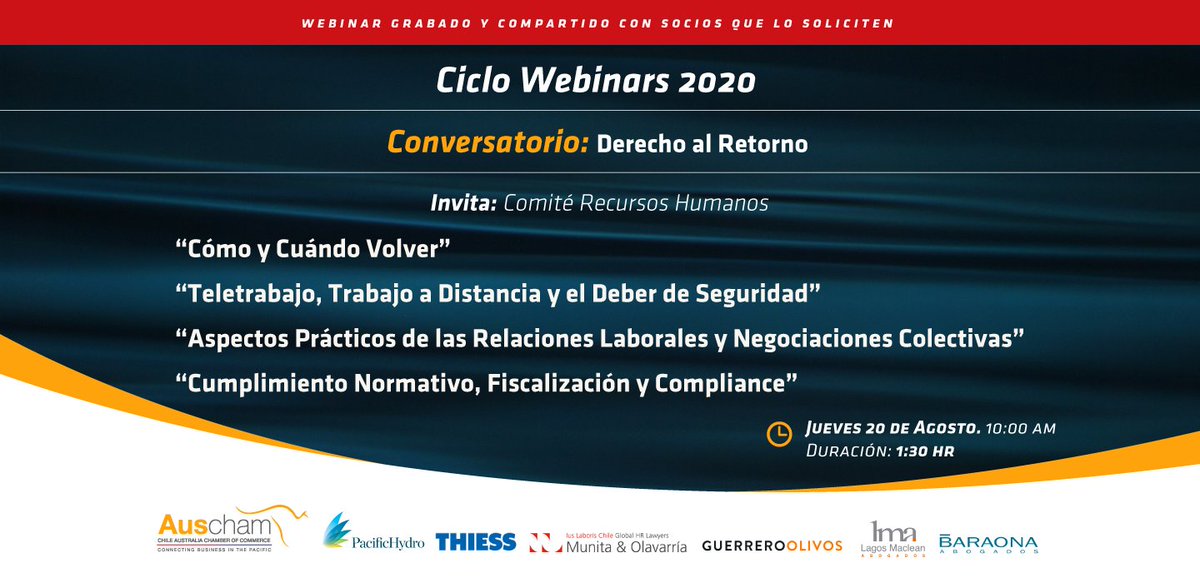 Nuevo Webinar!

Derecho al Retorno

Fecha: Jueves, 20 de agosto- 10:00 am

Inscripciones: lnkd.in/eRpvdx2

Cupos limitados!

Invita: Comité Recursos Humanos &amp; Educación Auscham

#AuschamChile #Conversatorio #Webinar