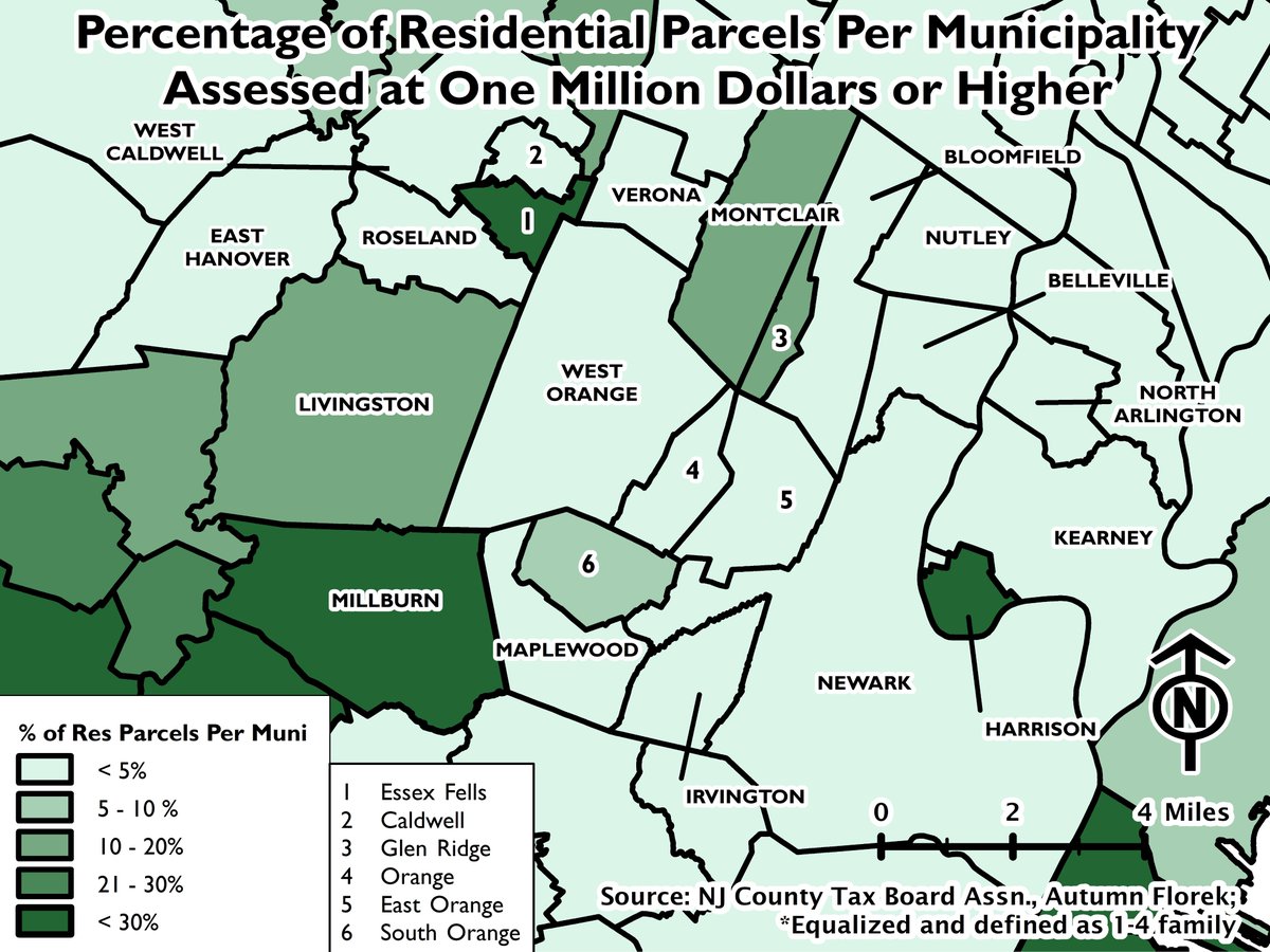 You can calculate - and map - the percentage of homes assessed at $1 million or more. Using that as a metric, Millburn, Essex Fells, and Summit are among the most exclusive suburbs in North Jersey. Also note Harrison where there has been a recent spurt of luxury construction.