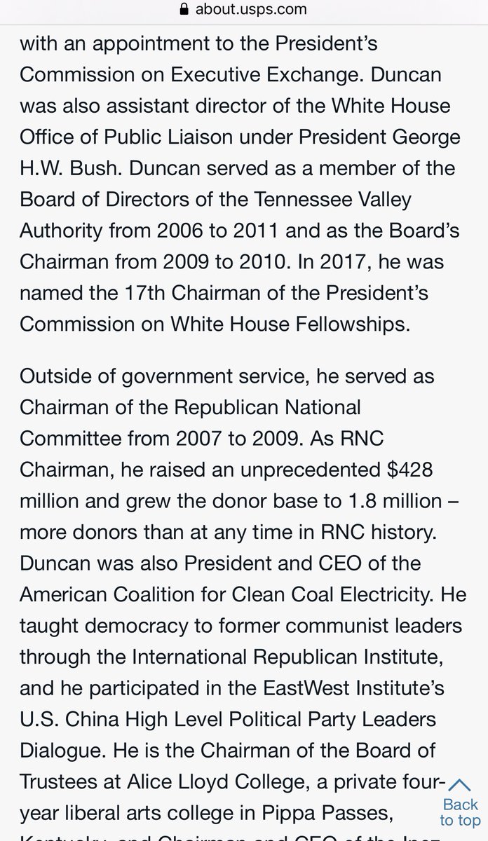 Robert Duncan, the Chairman of the USPS Board of Governors also serves as Chairman & CEO of Inez Deposit Bank in Inez, KY. See his USPS biography AND his Inez Deposit Bank website contact information, attached: