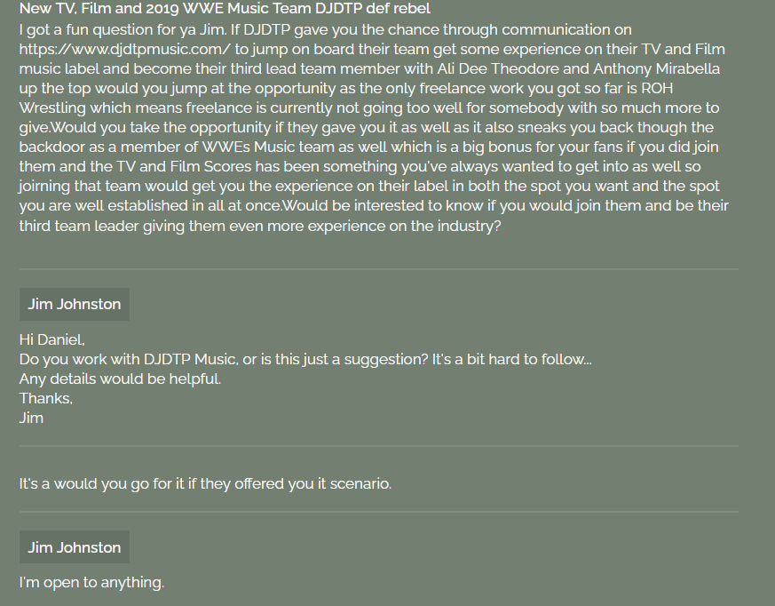 TEOL85's tweet photo. @arenataping @ThemeTitan @BElllAMusic Wow I actually got an answer by Jim Johnston to the big question would Johnston be up for joining DJDTP to get a big leg up in the TV and Film buisness and to also get back through the back door to create WWE themes again. #opentoanything https://t.co/DnhUSiWlf0