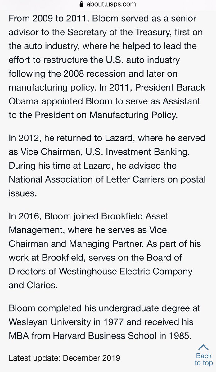 Ron Bloom serves as a member of the USPS Board of Governors, and is the Vice Chairman and Managing Partner of Brookfield Asset Management. His USPS biography and contact information from Brookfield’s website are attached. /4