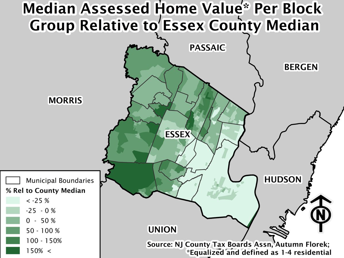 The other extreme is just as stark with values depressed in Essex County's urban municipalities - Newark, Irvington, Orange, and East Orange.You could use this data to calculate a Gini coefficient though I didn't do that here.