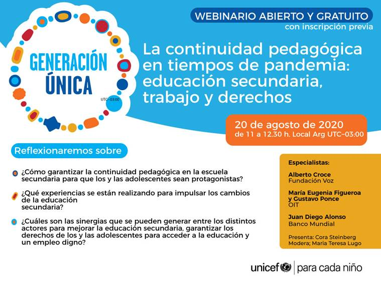 Invitamos al 💻Webinar La continuidad pedagógica en tiempos de pandemia: educación secundaria, trabajo y derechos en el marco del Generación Única ¡Los/as esperamos! 📝 Inscripción bit.ly/3ajGDvv #GeneracionUnica ¡Gracias por sumarse en la iniciativa!