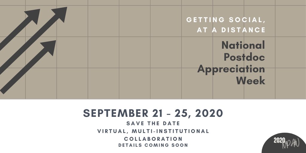 📆 SAVE THE DATE 📆

Sept 21-25 is #NPAW2020 and there's a number of virtual events planned for #postdocs from all institutions! 

✔️ Connect with postdocs over shared interests 
✔️ Network with postdocs in your discipline
✔️ Listen to keynote talks 
✔️ Attend engaging workshops