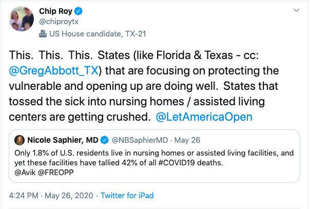 . @ChipRoyTX opposed  @GovAbbott’s lockdown orders, suggesting people ignore those orders & calling for the state to reopen — long before public health experts said it was advisable.