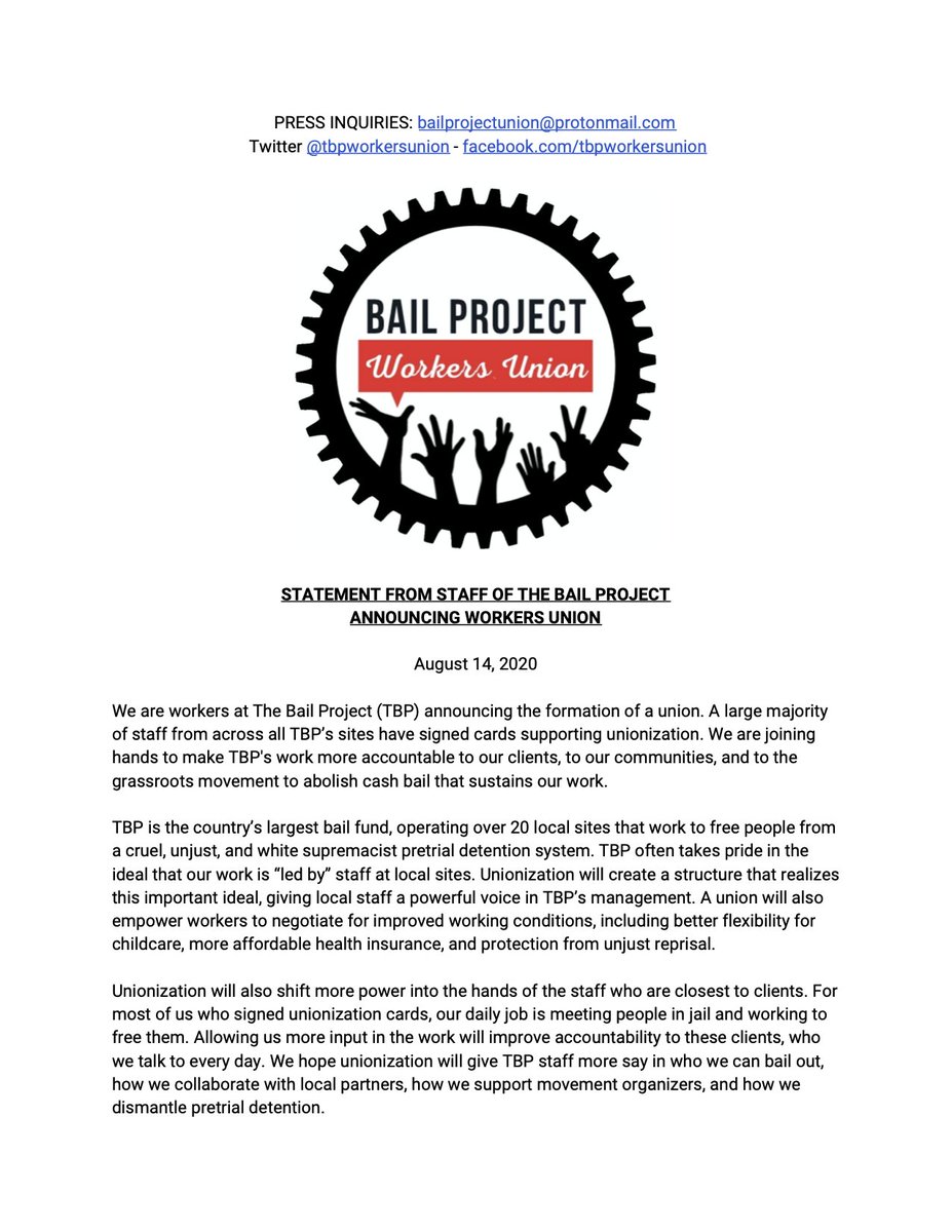 tbpworkersunion's tweet photo. Workers at @bailproject are forming a union! Read our announcement: https://t.co/PyCobJHUMF