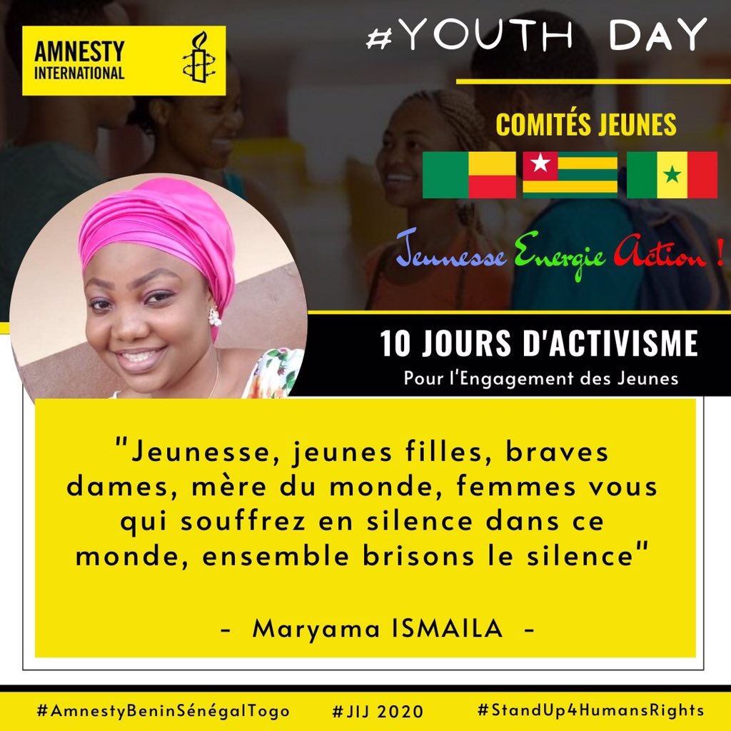 mamaoulfath's tweet photo. Jour 03 #YouthDay2020
#AmnestyBeninSénégalTogo
#StandUp4HumansRights
#JIJ2020
@amnestybenin @AmnestyTogo @AmnestySenegal @Avlessifiacre @kikanfr @lariosHCL @AdamWassilatou @GhislainDGJ @Yannickdedo @attindoglofreju @HountondjiFulg1 https://t.co/9scn0V9vMG