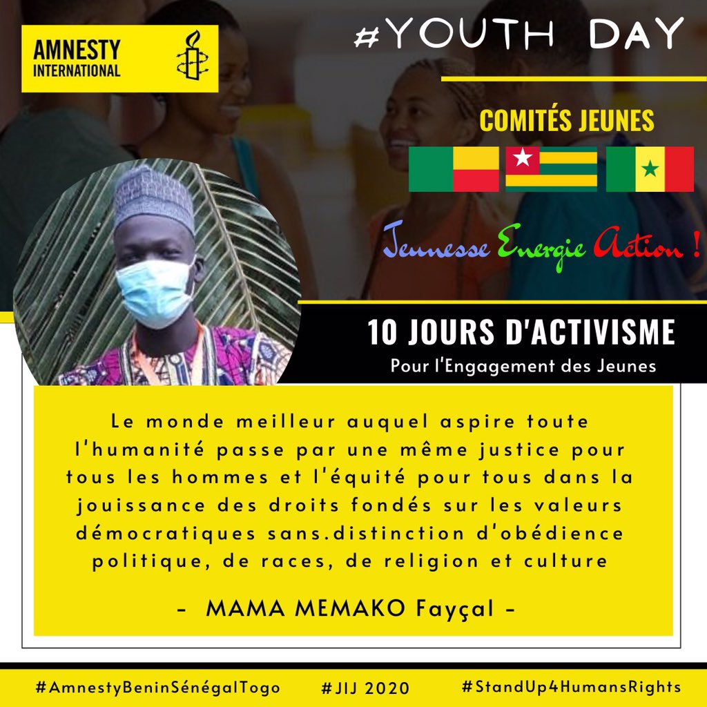 mamaoulfath's tweet photo. Jour 03 #YouthDay2020
#AmnestyBeninSénégalTogo
#StandUp4HumansRights
#JIJ2020
@amnestybenin @AmnestyTogo @AmnestySenegal @Avlessifiacre @kikanfr @lariosHCL @AdamWassilatou @GhislainDGJ @Yannickdedo @attindoglofreju @HountondjiFulg1 https://t.co/9scn0V9vMG