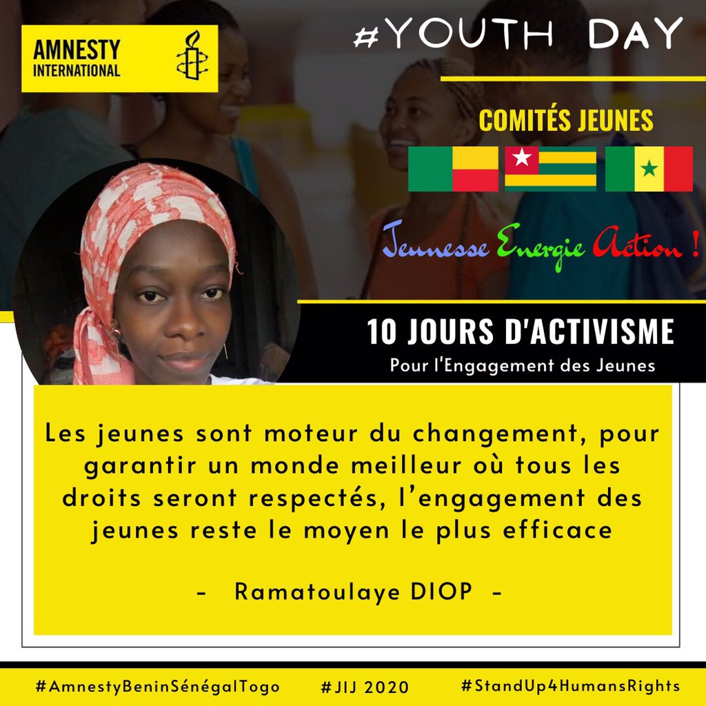 mamaoulfath's tweet photo. Jour 03 #YouthDay2020
#AmnestyBeninSénégalTogo
#StandUp4HumansRights
#JIJ2020
@amnestybenin @AmnestyTogo @AmnestySenegal @Avlessifiacre @kikanfr @lariosHCL @AdamWassilatou @GhislainDGJ @Yannickdedo @attindoglofreju @HountondjiFulg1 https://t.co/9scn0V9vMG