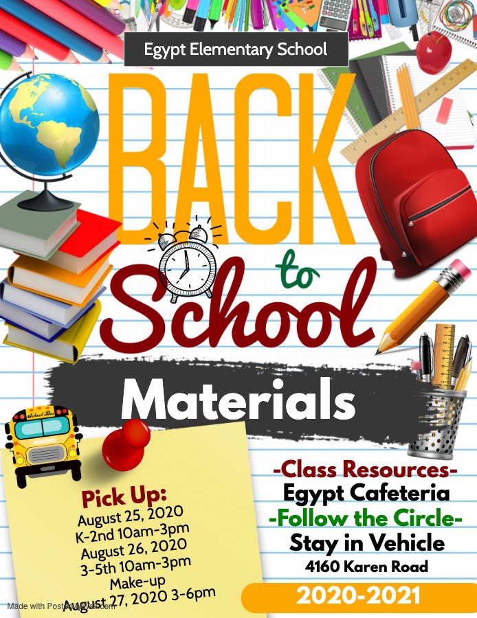 Save the Date! We will be distributing materials for the upcoming school year on 8/25 for K-2nd and on 8/26 for 3-5th from 10 am-3 pm. There is also a make-up date on 8/27 from 3-6 pm. See you soon!!