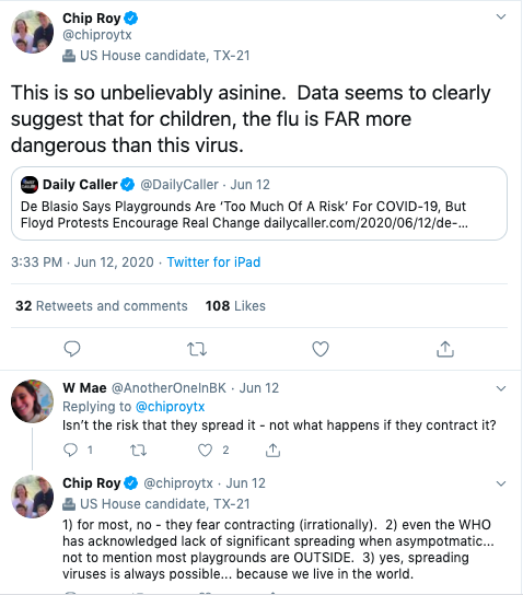 . @ChipRoyTX pushed misinformation to downplay the severity of the crisis, falsely suggesting the flu is more deadly than  #COVID19.