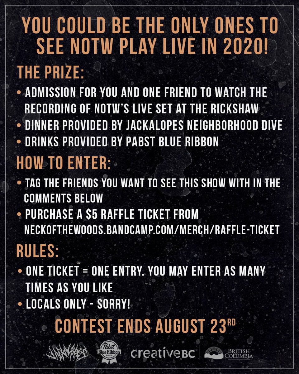 Missing live music? Wanna see a show in person?

Get your raffle tickets from the link below for a chance to watch Neck of the Woods (<a href="/NOTWmetal/">Neck of the Woods</a>) record their live set at the Rickshaw on August 29th! 🎟

Ticket link: ow.ly/sbHc50AZSC9

#win #neckofthewoods #rickshawtheatre