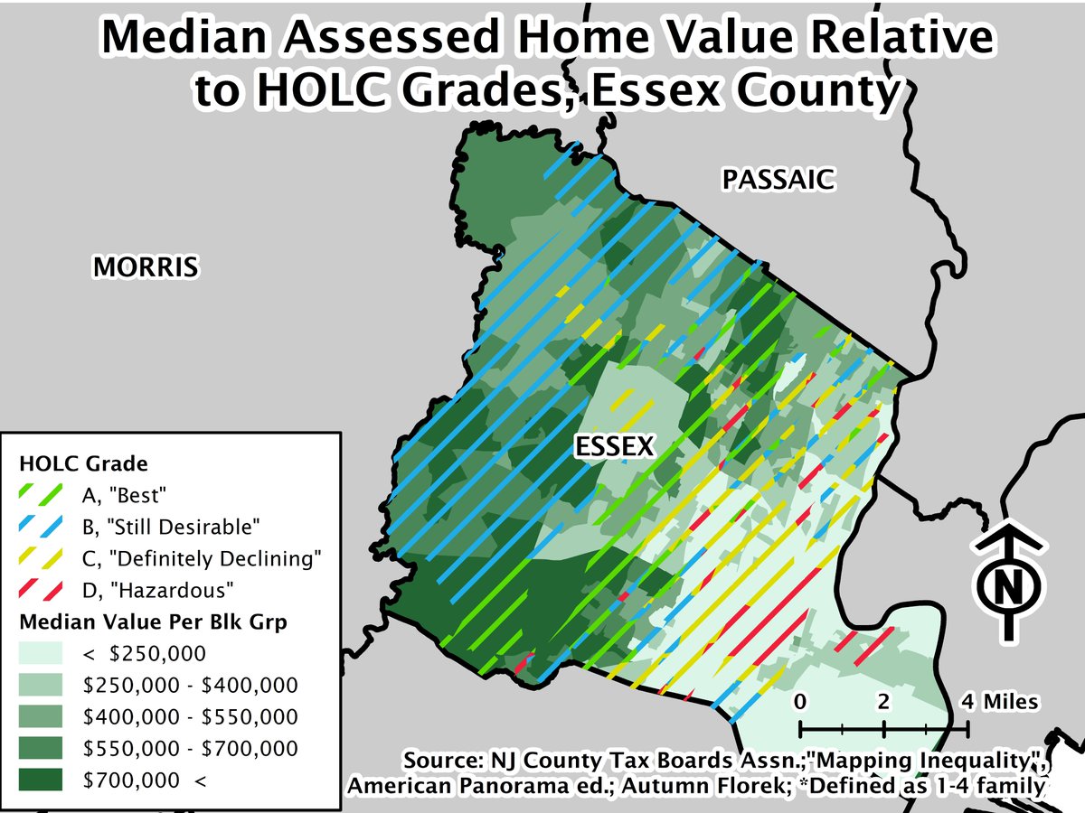 Interestingly, median home values overlap quite nicely with HOLC grades from the 1930s. Yes, HOLC appraisers looked at much of Essex County.