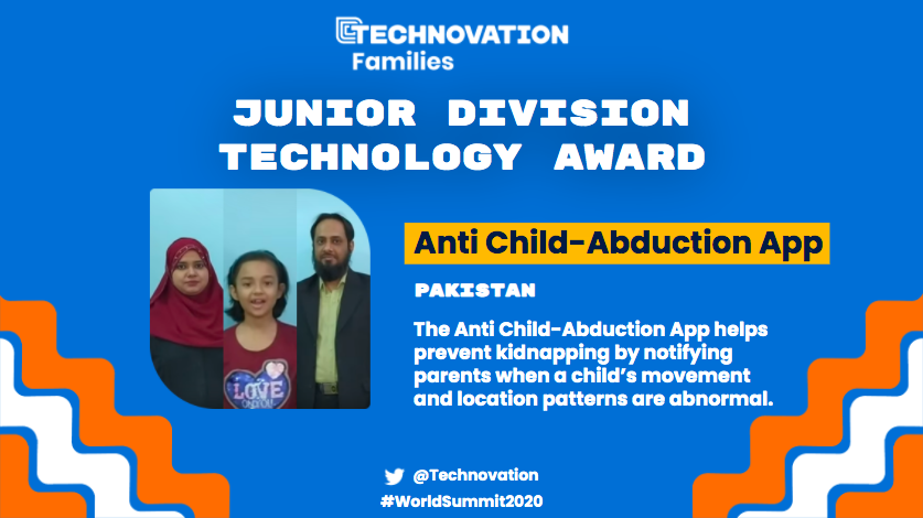 Congratulations to the #WorldSummit2020 Technology Winners, whose projects are recognized for their innovative tech:

Girls Senior Division: RecycleRight
Families Senior Division: My Ouch
Girls Junior Division: Uber 4 Dogs
Families Junior Division: Anti-Child Abduction App