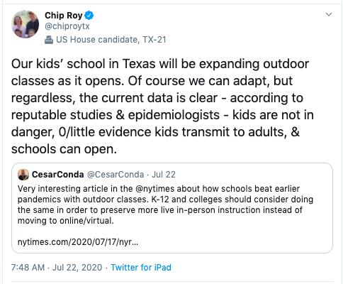 . @ChipRoyTX has said children are immune from the virus and has ridiculed the “hand wringing” on our school reopenings. He’s even advocated to defund public schools that don’t open for in-person classes.