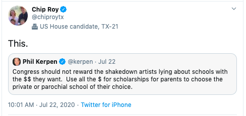 . @ChipRoyTX has said children are immune from the virus and has ridiculed the “hand wringing” on our school reopenings. He’s even advocated to defund public schools that don’t open for in-person classes.