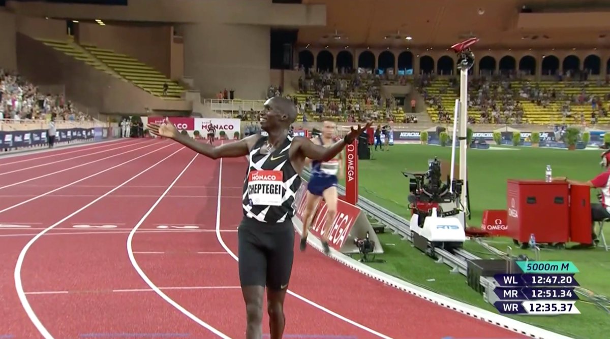 Down goes Bekele! Uganda's Joshua Cheptegei takes down the 5,000m world record with his 12:35.37 in #MonacoDL!
