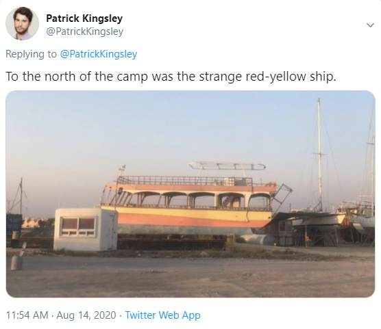 This is truly earth shattering! Not 1, not 2, but 3 boats. This time a red-yellow boat (remember this for later) just north of the shipyard. Not convinced yet? Just wait... https://twitter.com/PatrickKingsley/status/1294316599307010050?s=20