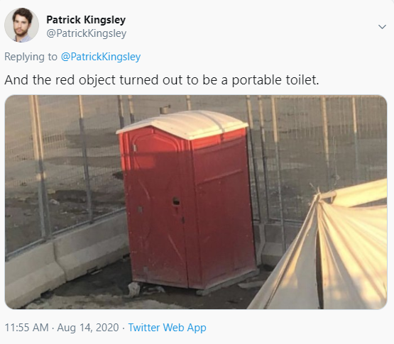 Remember those prime colors on the previous boat? Well, guess what. Caught RED handed! Although not recognizable right away, we later find out what this mysterious object was... https://twitter.com/PatrickKingsley/status/1294316611919282178?s=20