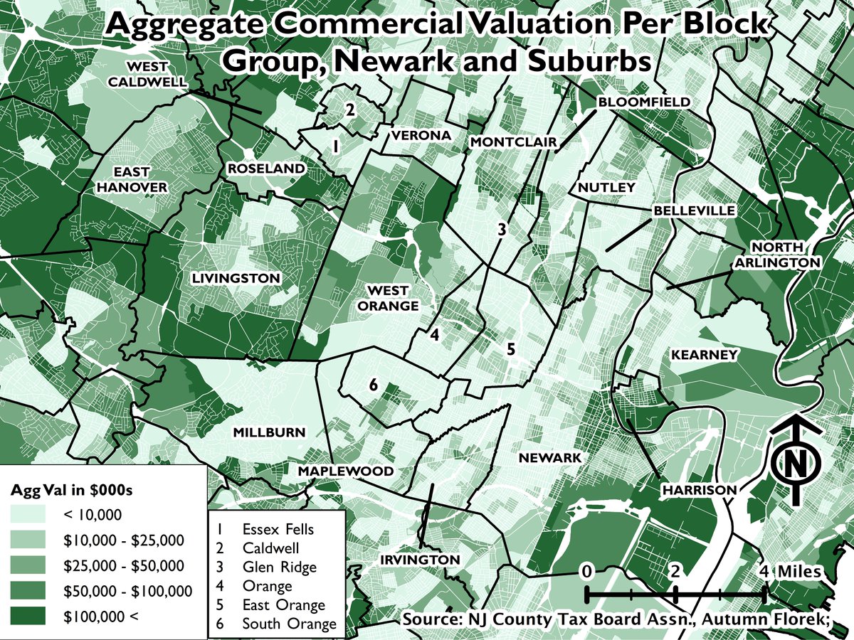 If you obtain and map the aggregate commercial valuation per block group, you can get an even better idea of the long-term trends for the retail and especially the office real estate markets. Eastern Morris County (the left hand side) is chock full of large office complexes.