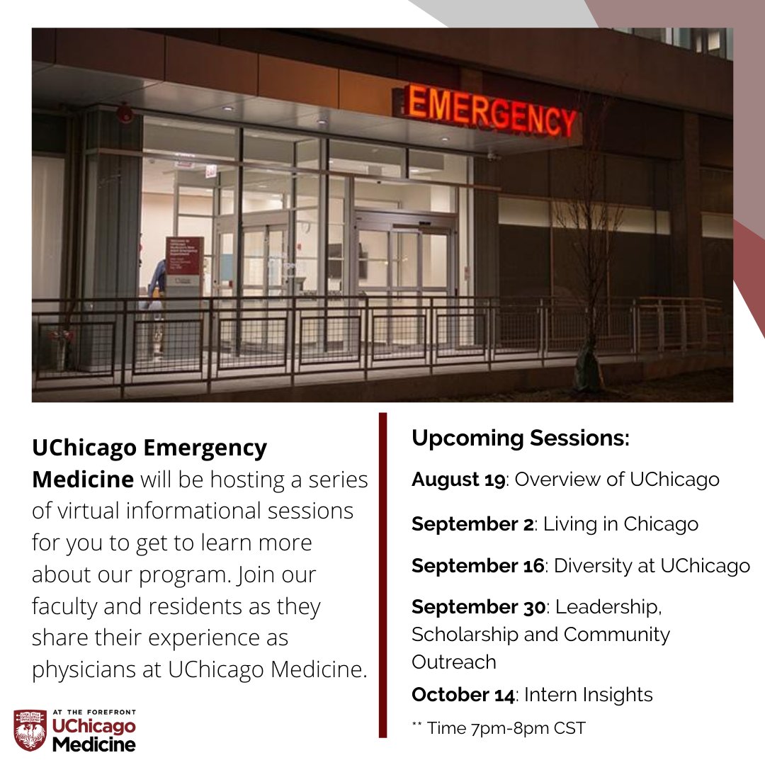 UChicagoEM's tweet image. EXCITING NEWS! Official announcement of @UChicagoEM upcoming virtual informational sessions!

Wondering what life is REALLY like in the city, but never made it here?

Are we as serious about inclusive diversity as we say we are?

Do we truly support resident leadership?

TUNE IN!