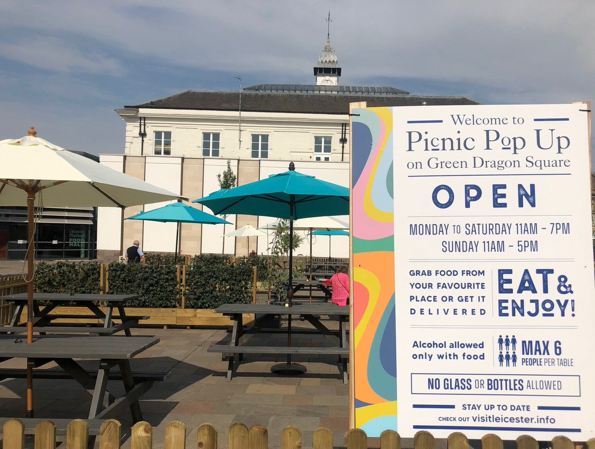 #PicnicPopUp #Leicester #GreenDragonSquare <a href="/LeicesterMarket/">Leicester Market</a> sit and enjoy food and drink outdoors.  Order in or pick up.  Managed space. Open 11-7 Mon-Sat and 11-5 Sun.  Free entry #outdoors  #seating #toilets #SocialDistancing