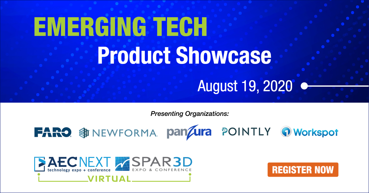 AECNextTech's tweet photo. Join us August 19th for the first Emerging Tech Showcase to preview the latest technology by @FARO_TechInc, @Newforma, @PanzuraStorage, Pointly and @Workspot! Register Now: https://t.co/erGFoZhnVs https://t.co/X4usqF9YwE