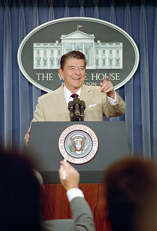 While Reagan was explicitly in office to destroy the federal government as a means of public good and to use it as a massive redistribution of wealth and power, he presented a potent, tested illusion of a president with good public intentions.17/