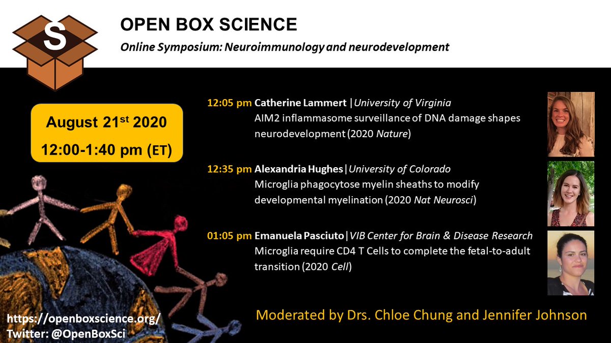 OpenBoxSci's tweet photo. 6th @OpenBoxSci Online Symposium
📣 Neuroimmunology and Neurodevelopment 📣
12:00-1:40 pm, August 21, 2020 (EDT)
👉Speakers:
@CatherineLamme2 @LukensJohnR 
@alexandglia @AppelLabCU 
@EmanuelaPasciu1 @LabListon
👉Zoom Link: 
https://t.co/mfCuoFJYx1 https://t.co/RBHxf0yJGk