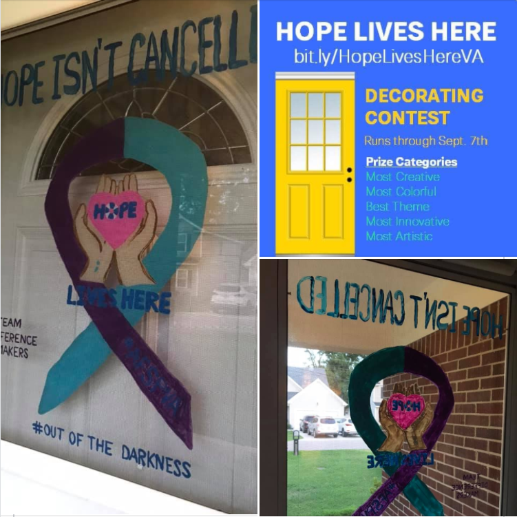 AFSPVirginia's tweet photo. Have YOU entered Virginia's Hope Lives Here contest? There are prizes to be had, but the best reward is knowing you're spreading HOPE in your neighborhood! Contest runs through September 7th. #TogetherToFightSuicide #AFSPVA https://t.co/Rhj3z7SrEA https://t.co/UG0daybX0T