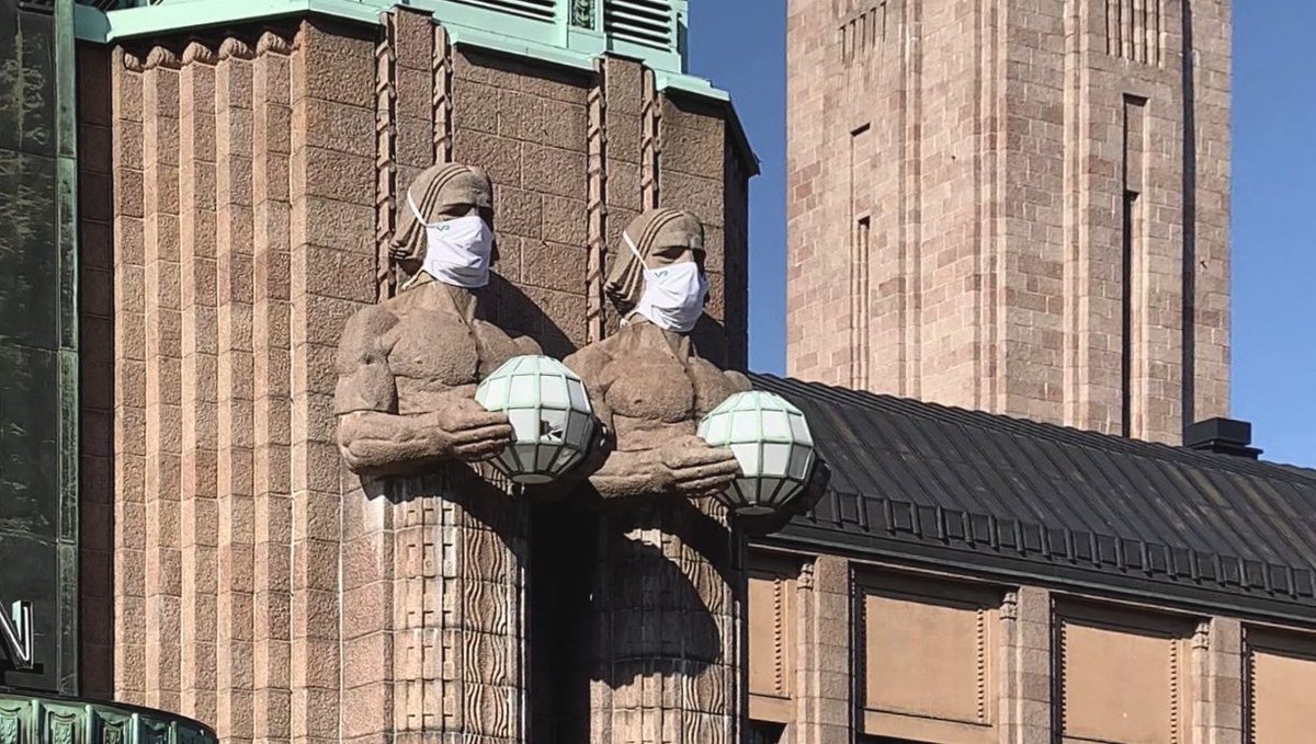 RondProductions's tweet photo. Taking care of one another is part of our nature ❤️ These giant icons of #Helsinki city are leading by example. Stay safe, stay positive!😊💪🏻 https://t.co/EFhV8XJHak