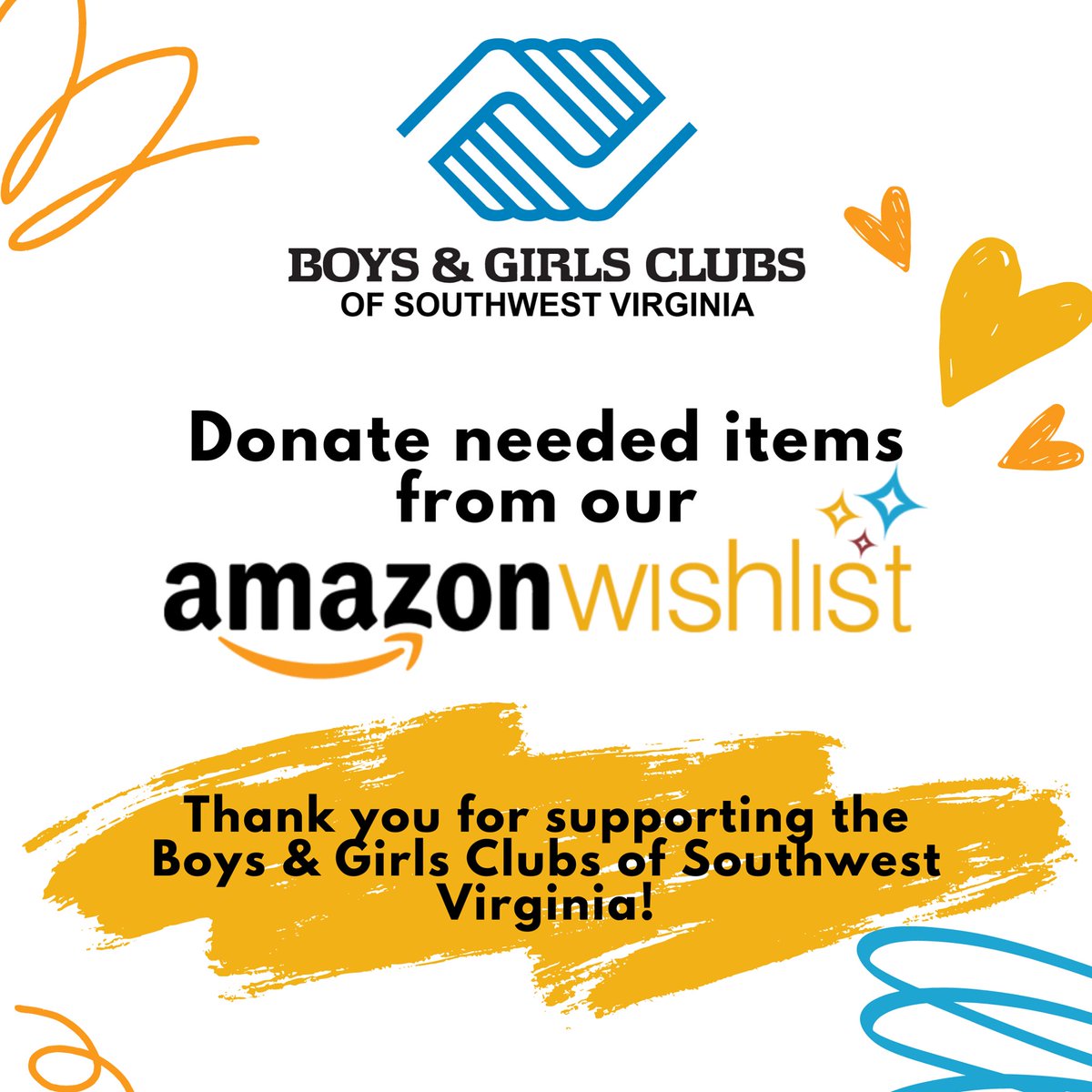 We need YOUR help! Our 9th St Club needs supplies for the Fall season. Support our Clubs by donating needed items from our Amazon Wishlist at: a.co/aNjk8ye

Thank you for supporting the Boys &amp; Girls Clubs of Southwest Virginia!