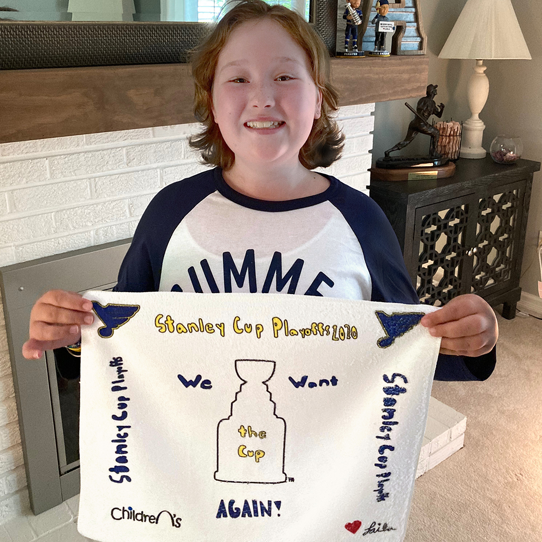 Our friend Laila designed a rally towel for the playoffs! $3 from each purchase will benefit <a href="/STLChildrens/">STLChildrensHospital</a> 💙 bit.ly/3fSu6Al