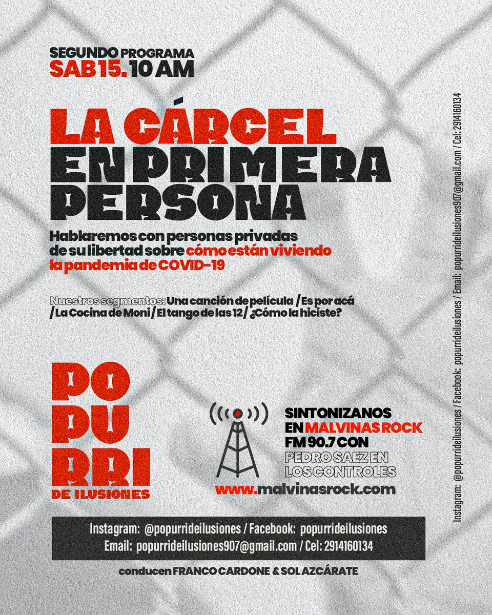 popudeilusiones's tweet photo. 📻 Se viene el segundo programa de #PopurrídeIlusiones por #MalvinasRock 90.7 y https://t.co/89aazb4dwK este sábado desde las 10am

⚠️ Hablaremos con 2 personas privadas de su libertad sobre cómo están viviendo la pandemia de COVID-19 en las cárceles.
¡Y todos nuestros segmentos! https://t.co/hD6xFMsLjD