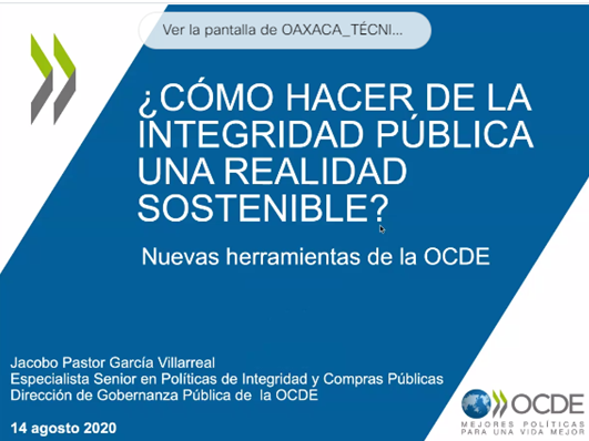 ContraloriasMX's tweet photo. .@Jacobo_Pastor_G especialista Senior de #Integridad y Compras Públicas de la @OECD expone los retos de la implementación de sistemas de integridad en las organizaciones públicas en el marco de la crisis #COVID19 #LXIVReuniónContraloresMex https://t.co/bwl6vN7MSd