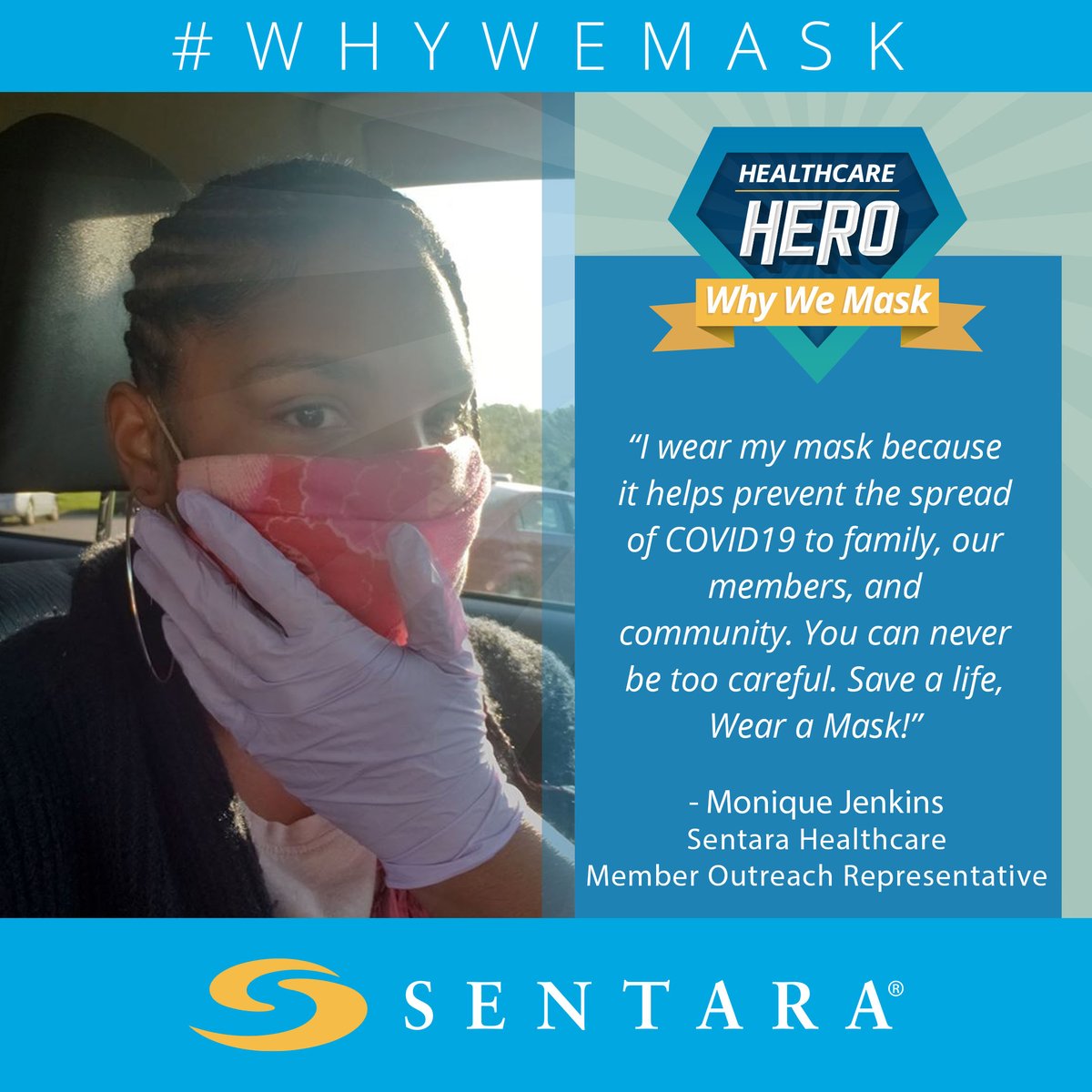 sentarahealth's tweet photo. At Sentara, we are masked because we care! We’d like to highlight some of our healthcare heroes on why it’s important for them to wear a mask. Together, we can keep our community healthy and strong and reduce the spread of #COVID19. #heroeswearmasks #whywemask #SentaraHeroes https://t.co/MgCsrNmJ5m