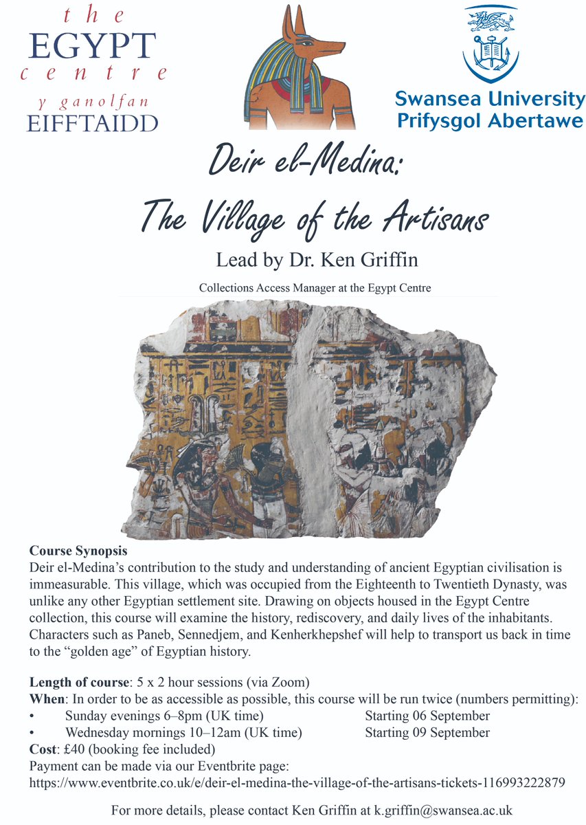 DrKenGriffin's tweet photo. Pleased to announce my new @TheEgyptCentre short course on Deir el-Medina, which starts in early September. Please join us and support the Egypt Centre in doing so!

For more details and to book your place, please click on the following link: https://t.co/Lj0a5TqYhA https://t.co/lW9ZtPHbNp