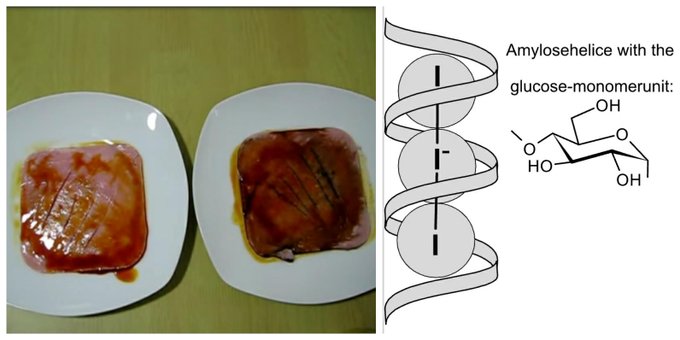 A diferencia de lo que ocurre con el jamón cocido, el fiambre de jamón cocido puede contener almidón: retiene agua y abarata el producto. Para comprobar su presencia podemos añadir yodo: reacciona y muestra color azul. Otra opción es observar el etiquetado   #gominolasdepeseta