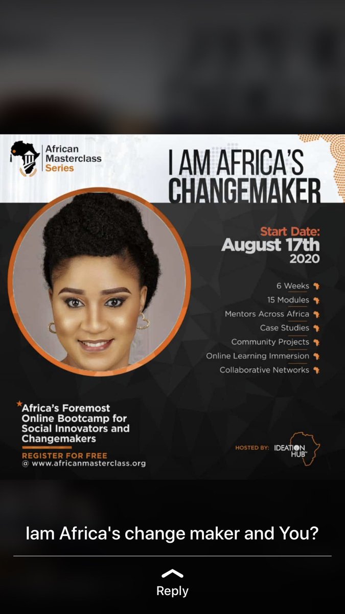 zealot_streak1's tweet photo. Register for the African Masterclass Series (I am Africa’s Change maker); Africa’s foremost Online Bootcamp for Social Innovators and Change makers.
Registration is FREE. Visit https://t.co/Q8k053jDMS
We are African’s change maker and You? #AfricanMasterClassSeries https://t.co/kN2uPDdvSD