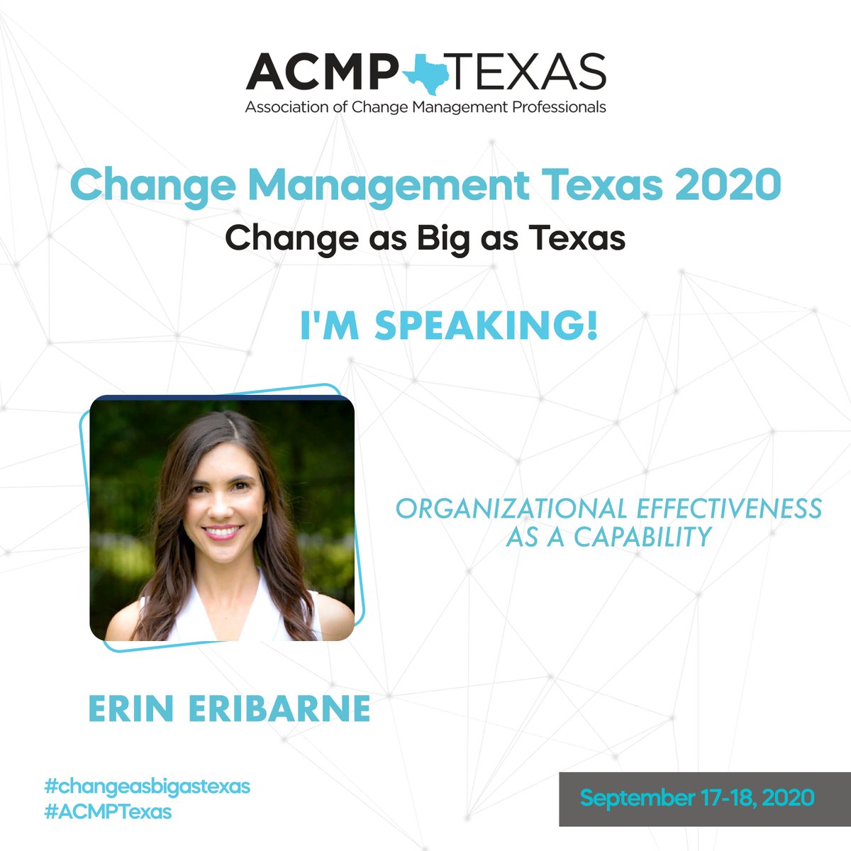 Join us for the Virtual ACMP Texas Conference on September 17-18th!  We have the awesome pleasure of having Erin Eribarne navigating attendees through organizational effectiveness as a capability. 
You can find her bio here: buff.ly/2XZgSvA