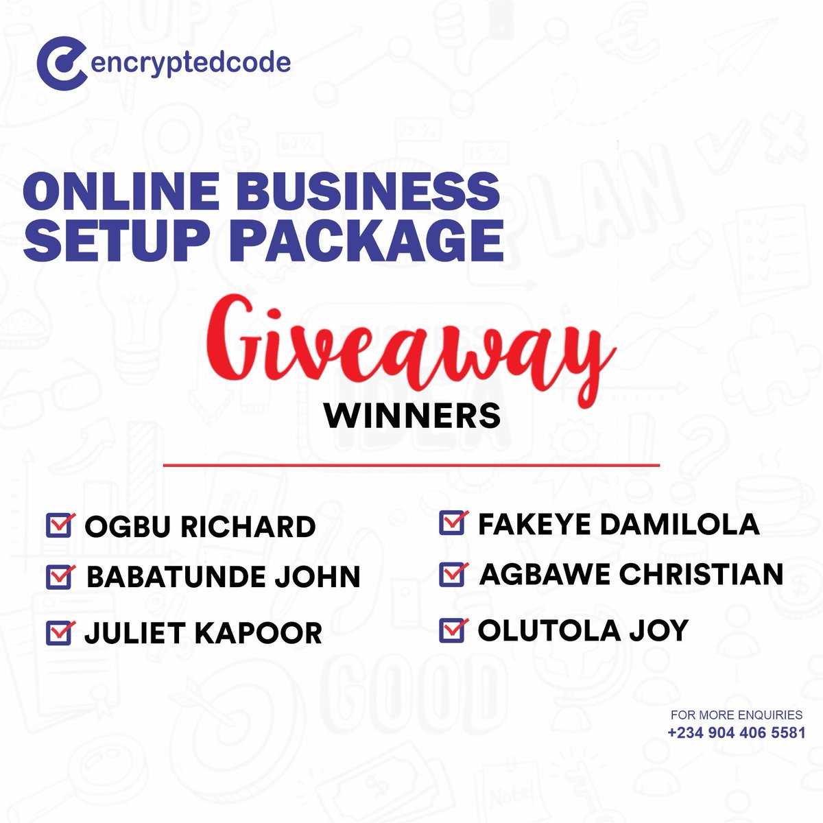 encryptedcodeng's tweet photo. Congrats to the final winners of our ONLINE BUSINESS SETUP PACKAGE.Stay tuned to our page for more giveaways and informative content.
Our ONLINE BUSINESS SETUP PACKAGE is still available to help businesses on any scale to thrive online #EncryptedCodeNG #OBSP https://t.co/RsJJxUczev