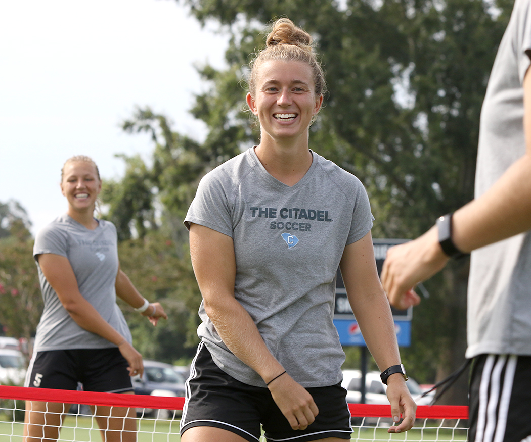 CitadelWSoccer's tweet photo. A little soccer tennis this morning sure lightened the mood. 

#LeadThePack | #OurMightyDogs https://t.co/dbSOzdGOev