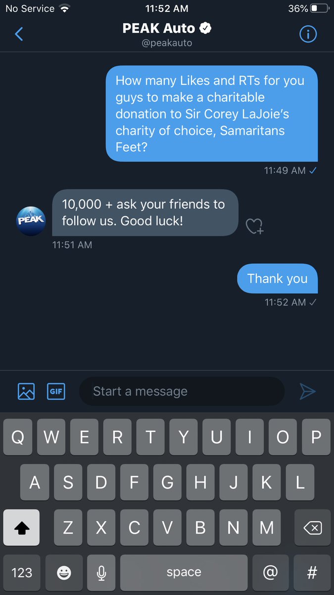 Hello all, I have joined in on doing this in hopes we can make this happen, and get a donation to <a href="/Samaritans_Feet/">Samaritan's Feet</a> from <a href="/peakauto/">#PEAKSquad Leader</a> 10000 likes &amp; RT combined to do it. Sir <a href="/CoreyLaJoie/">Corey LaJoie</a> , I don’t @ you often, but can we do this ?