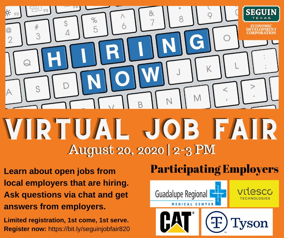 SeguinCityHall's tweet photo. Employers in Seguin are hiring and want to talk to YOU! The Seguin Economic Development Corporation is hosting a series of virtual job fairs with employers in Seguin. Our next virtual job fair is Thurs., Aug. 20 from 2-3 pm. Space is limited. Register at https://t.co/XPYzLjVLRX https://t.co/5Sp3rqDNWo