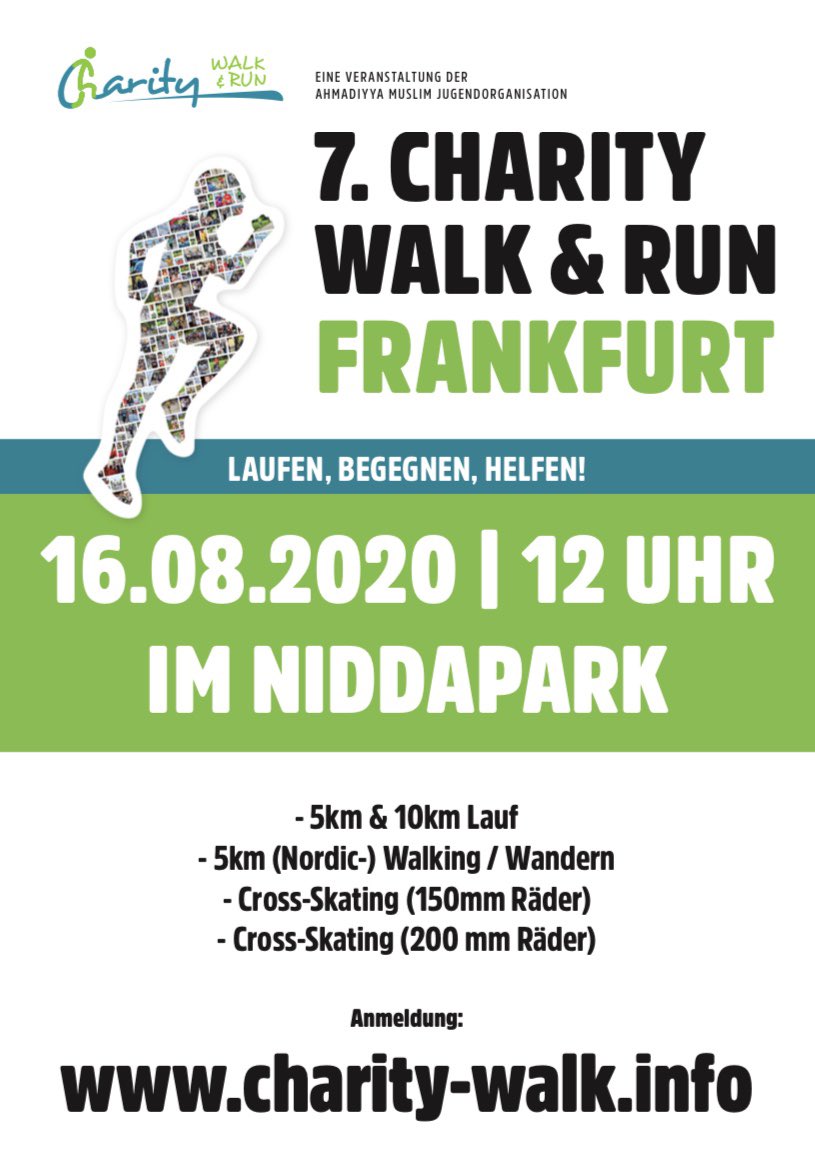 AhmadiyyaJugend's tweet photo. Am Sonntag ist es wieder soweit: Laufen, Begegnen, Helfen! Inzwischen schon zum 7. Mal in #Frankfurt. Denn auch in Zeiten von #Corona darf die körperliche Fitness nicht zu kurz kommen. Schauen Sie deshalb vorbei und nehmen Sie Teil am @CharityWalkRun! #cwr #irun4life https://t.co/FemN0PBuiV