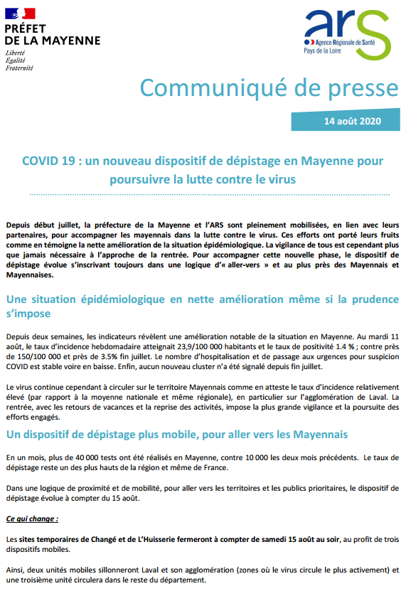 Prefet53's tweet photo. Un nouveau dispositif de dépistage face au #Covid_19  est mis en place en #Mayenne
Toutes les informations 👉https://t.co/ldmmkIdkM7 https://t.co/0y2FqPLaxx