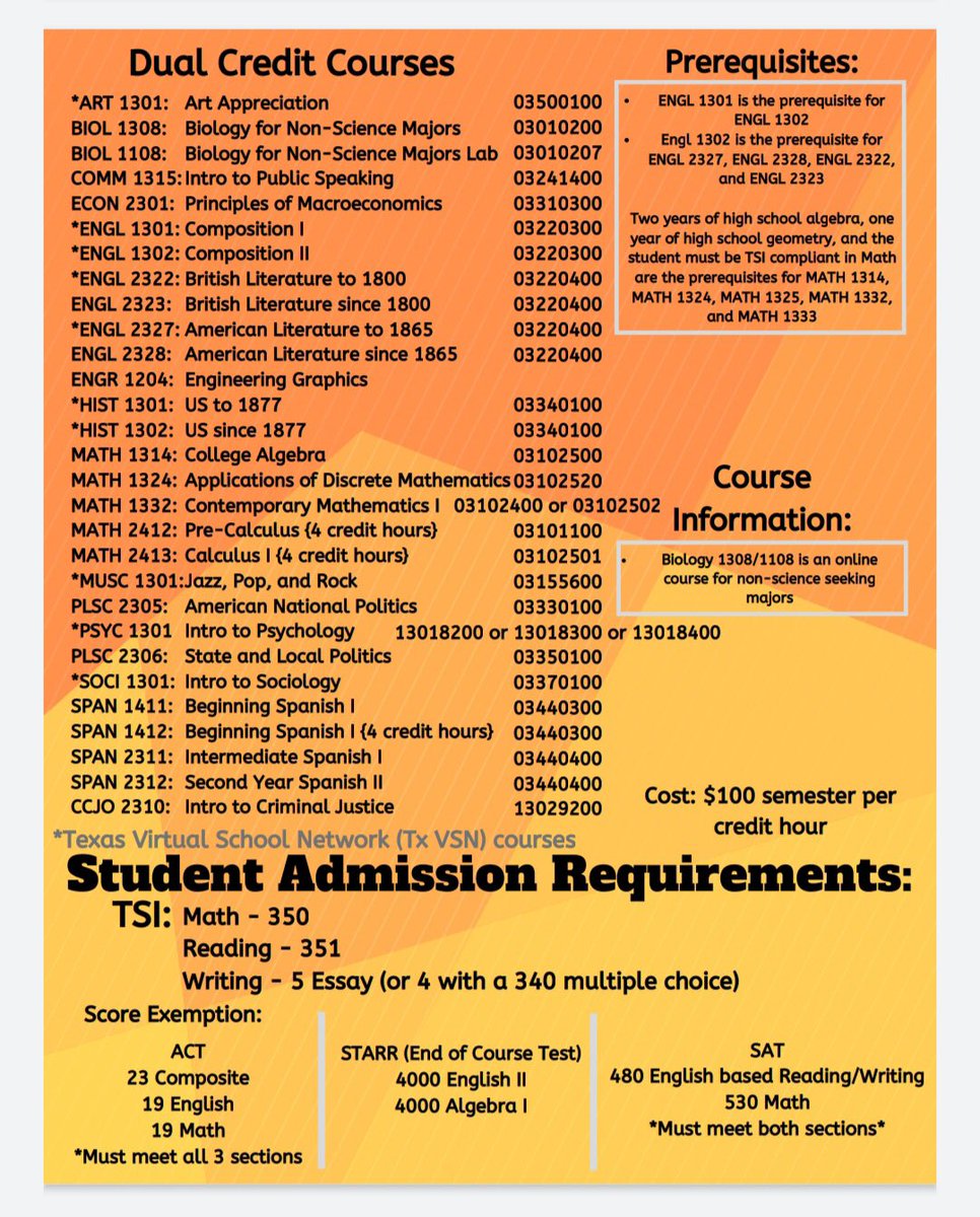 DUAL CREDIT STUDENTS
Make sure you have registered for your classes! Go here to register: general.utpb.edu/dual credit/

You will pay Mrs. Demny in the front office on the first day of school. It is $300 per class enrolled, payable by cash or check, checks payable to BRAZOS ISD