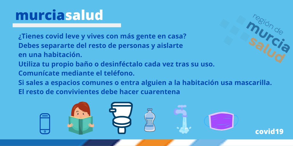 Murciasalud's tweet photo. ¿Te han diagnosticado #COVID19 y vives con más gente en casa?

🏠Debes aislarte en una habitación
🚾Utiliza un baño propio si es posible 
���Ponte mascarilla si sales a espacios comunes
🧴Extrema las medidas de higiene
🏠El resto de convivientes debe hacer cuarentena

#MurciaSalud https://t.co/HlekEemKEQ